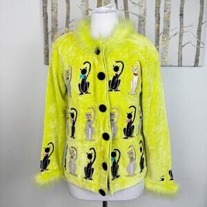 Vintage Berek Fancy Cat Embellished Cardigan Sweater Feather Trim Chartreuse M